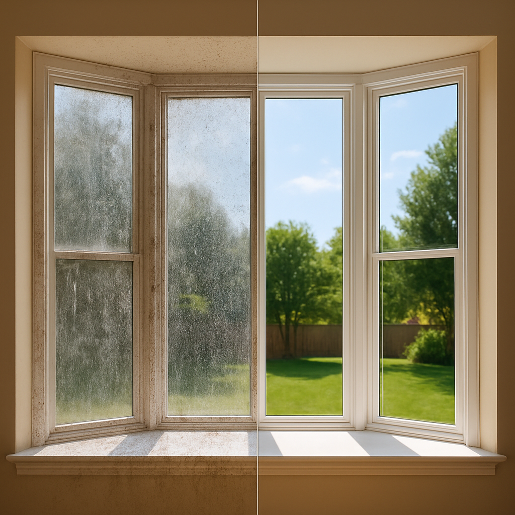 A before and after image of a dirty window on the left side, and a clean window on the right portraying that a window cleaning service was used.