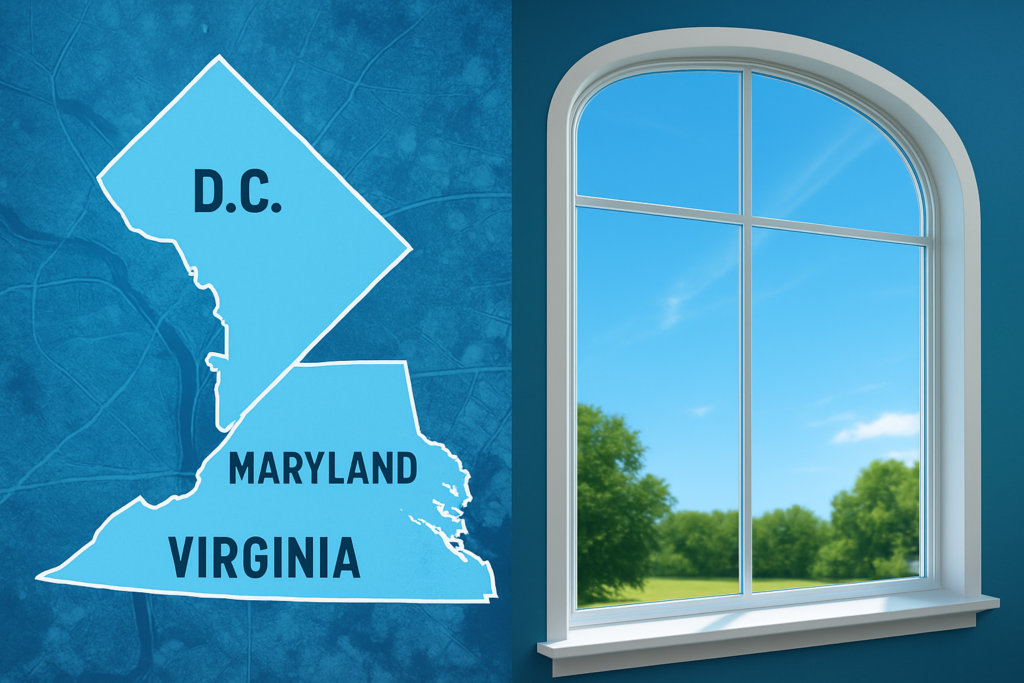 Split image of Tri State Window Cleaning map on the left and Clean window on the right side.